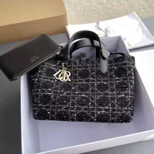 Medium Dior Toujours Bag Black Cannage Tweed