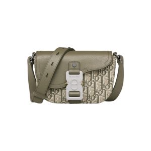 Mini Saddle Messenger Bag with Flap Khaki Dior Oblique Jacquard and Grained Calfskin