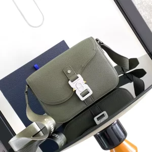 Small Saddle Messenger Bag with Flap Khaki Grained Calfskin