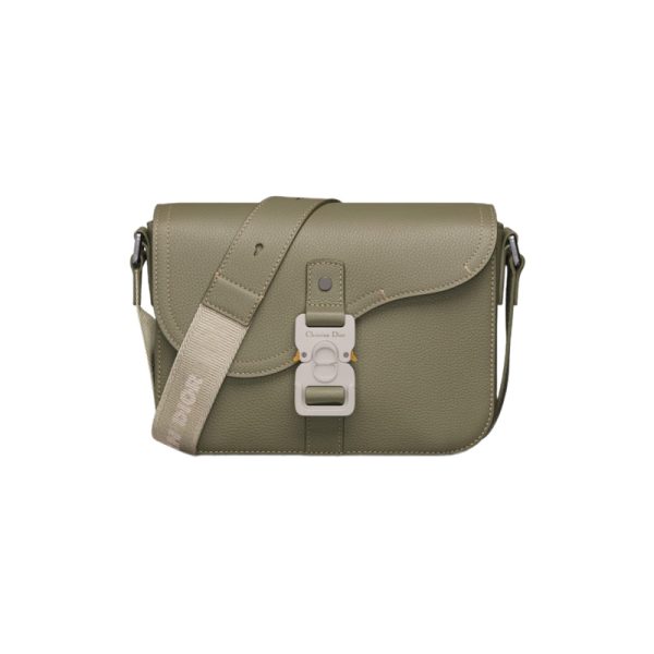 Small Saddle Messenger Bag with Flap Khaki Grained Calfskin