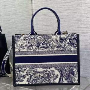 Medium Dior Book Tote White and Navy Blue Toile de Jouy Sauvage Embroidery with Navy Blue Calfskin