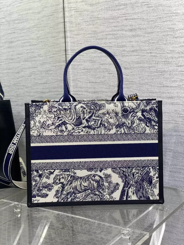 Medium Dior Book Tote White and Navy Blue Toile de Jouy Sauvage Embroidery with Navy Blue Calfskin