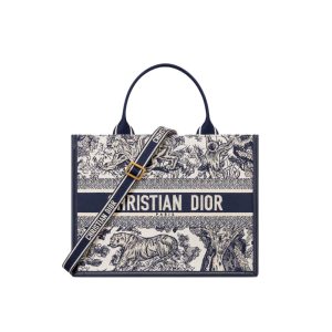 Medium Dior Book Tote White and Navy Blue Toile de Jouy Sauvage Embroidery with Navy Blue Calfskin