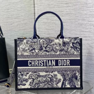 Medium Dior Book Tote White and Navy Blue Toile de Jouy Sauvage Embroidery with Navy Blue Calfskin