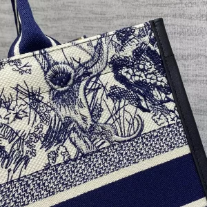 Medium Dior Book Tote White and Navy Blue Toile de Jouy Sauvage Embroidery with Navy Blue Calfskin