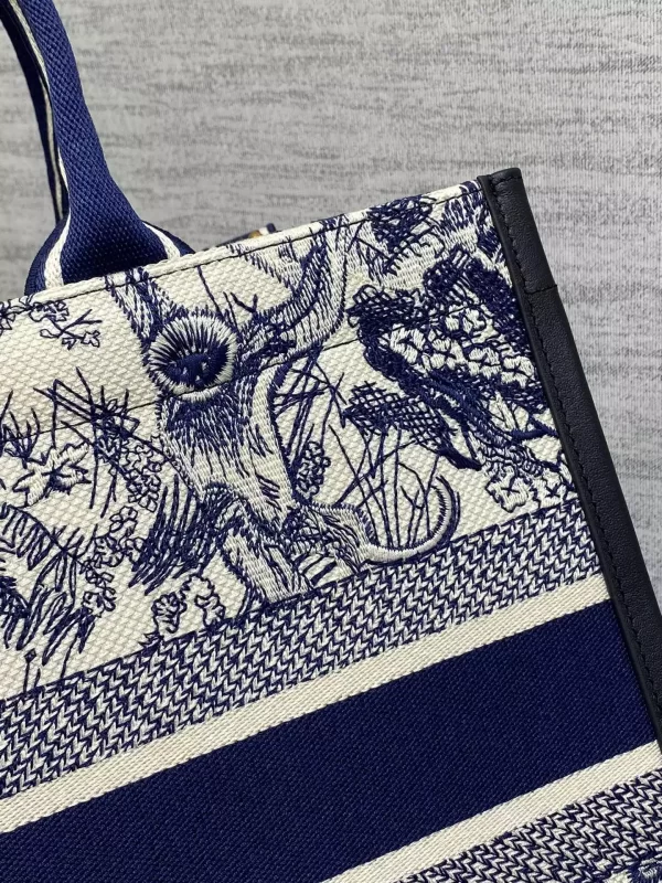 Medium Dior Book Tote White and Navy Blue Toile de Jouy Sauvage Embroidery with Navy Blue Calfskin