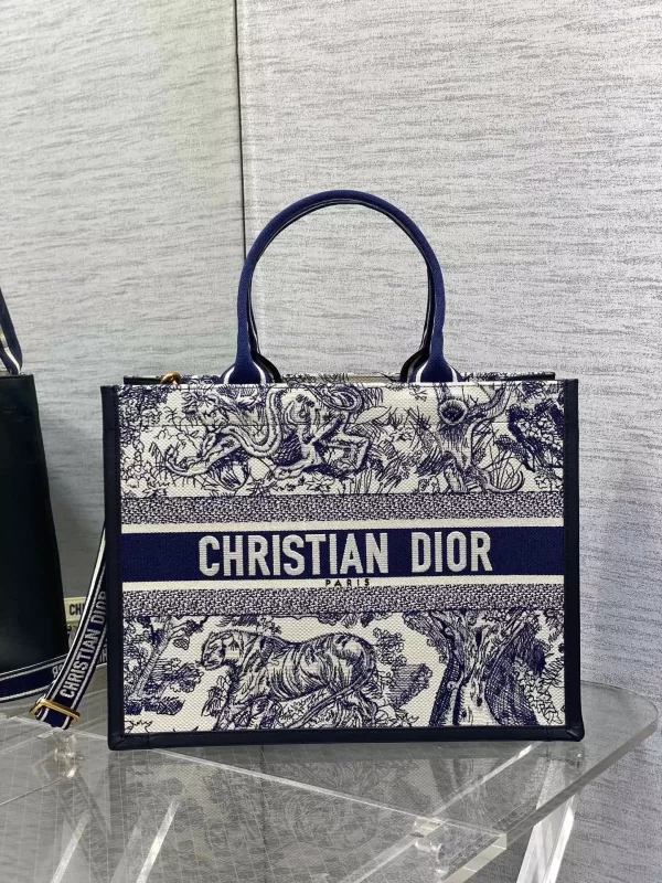 Medium Dior Book Tote White and Navy Blue Toile de Jouy Sauvage Embroidery with Navy Blue Calfskin