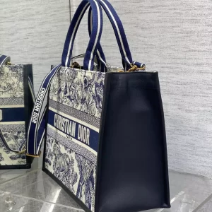 Medium Dior Book Tote White and Navy Blue Toile de Jouy Sauvage Embroidery with Navy Blue Calfskin