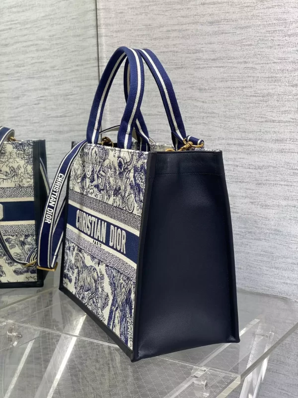 Medium Dior Book Tote White and Navy Blue Toile de Jouy Sauvage Embroidery with Navy Blue Calfskin