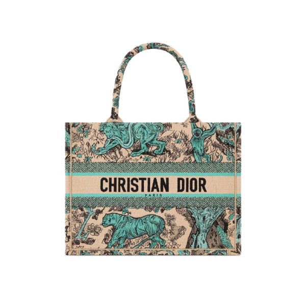 Medium Dioriviera Dior Book Tote Raffia with Aquamarina Toile de Jouy Sauvage Embroidery