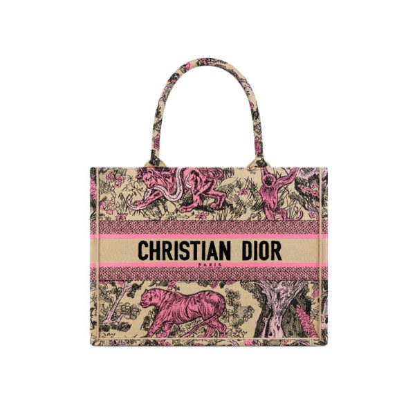 Medium Dioriviera Dior Book Tote Raffia with Candy Pink Toile de Jouy Sauvage Embroidery