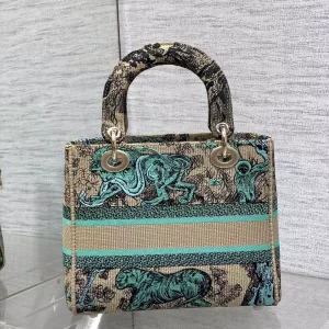 Medium Dioriviera Lady D-Lite Bag Raffia with Aquamarina Toile de Jouy Sauvage Embroidery