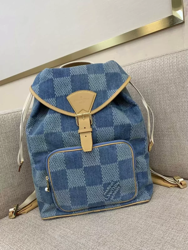 Montsouris Backpack Blue Damier Denim 3D Cotton Canvas