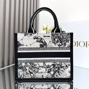 Small Dior Book Tote Latte Multicolor Dior Zodiac Embroidery and Black Calfskin