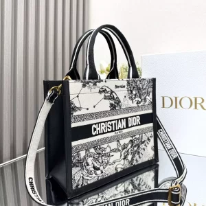 Small Dior Book Tote Latte Multicolor Dior Zodiac Embroidery and Black Calfskin