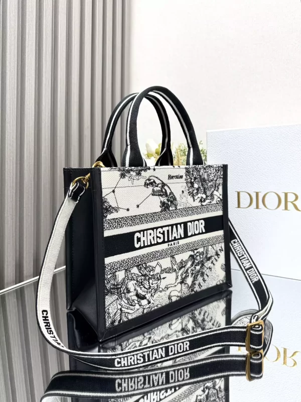 Small Dior Book Tote Latte Multicolor Dior Zodiac Embroidery and Black Calfskin