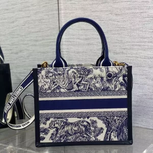 Small Dior Book Tote White and Navy Blue Toile de Jouy Sauvage Embroidery with Navy Blue Calfskin