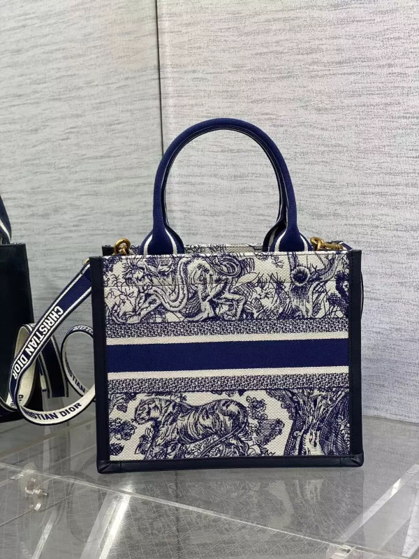 Small Dior Book Tote White and Navy Blue Toile de Jouy Sauvage Embroidery with Navy Blue Calfskin