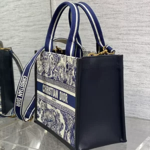 Small Dior Book Tote White and Navy Blue Toile de Jouy Sauvage Embroidery with Navy Blue Calfskin