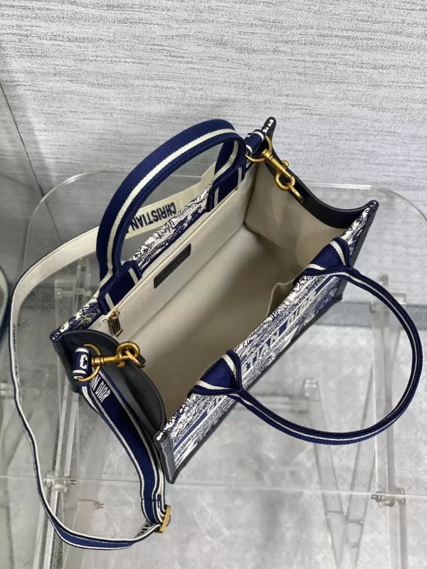 Small Dior Book Tote White and Navy Blue Toile de Jouy Sauvage Embroidery with Navy Blue Calfskin