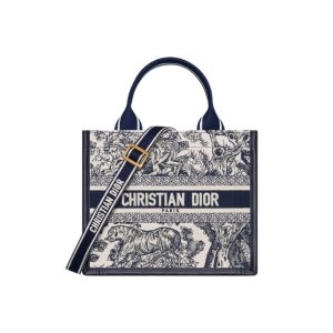 Small Dior Book Tote White and Navy Blue Toile de Jouy Sauvage Embroidery with Navy Blue Calfskin