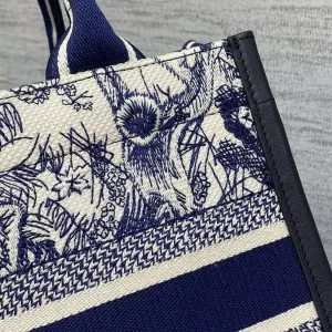 Small Dior Book Tote White and Navy Blue Toile de Jouy Sauvage Embroidery with Navy Blue Calfskin