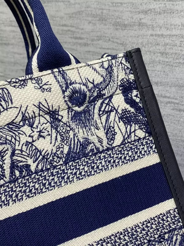 Small Dior Book Tote White and Navy Blue Toile de Jouy Sauvage Embroidery with Navy Blue Calfskin