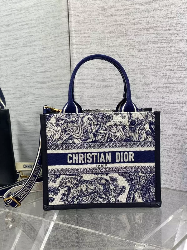 Small Dior Book Tote White and Navy Blue Toile de Jouy Sauvage Embroidery with Navy Blue Calfskin