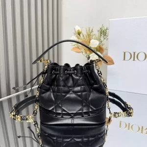 Small Dior Jolie Bucket Bag Black Macrocannage Calfskin