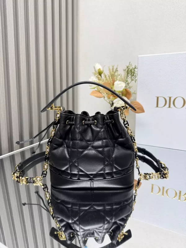 Small Dior Jolie Bucket Bag Black Macrocannage Calfskin