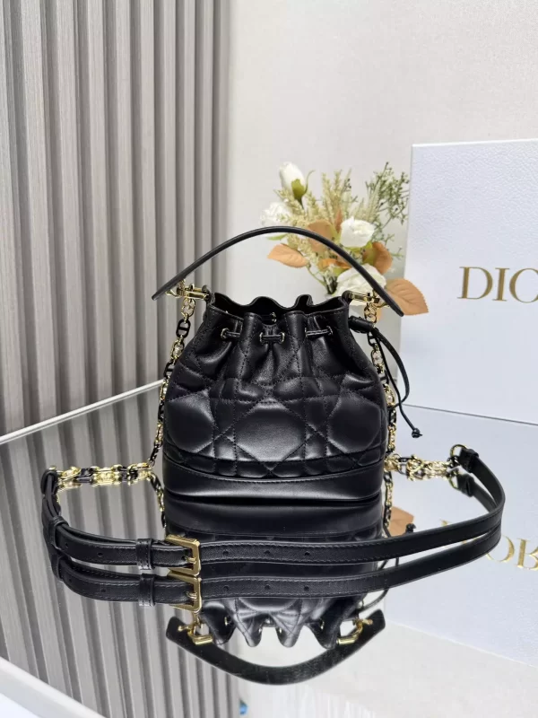 Small Dior Jolie Bucket Bag Black Macrocannage Calfskin