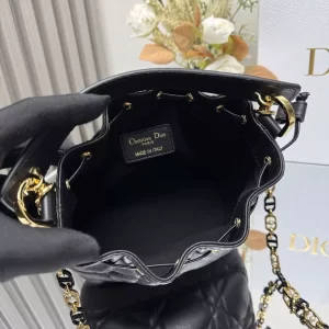 Small Dior Jolie Bucket Bag Black Macrocannage Calfskin